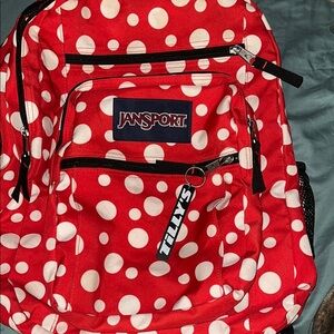 Jansport Big Student Backback in High Voltage Red and white polka dots